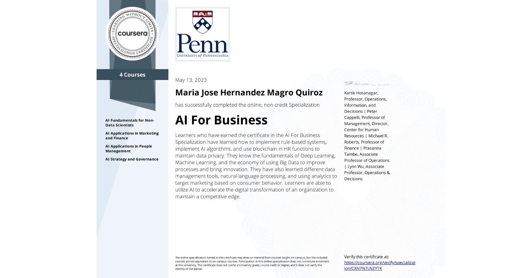 Completion Certificate for AI For Business