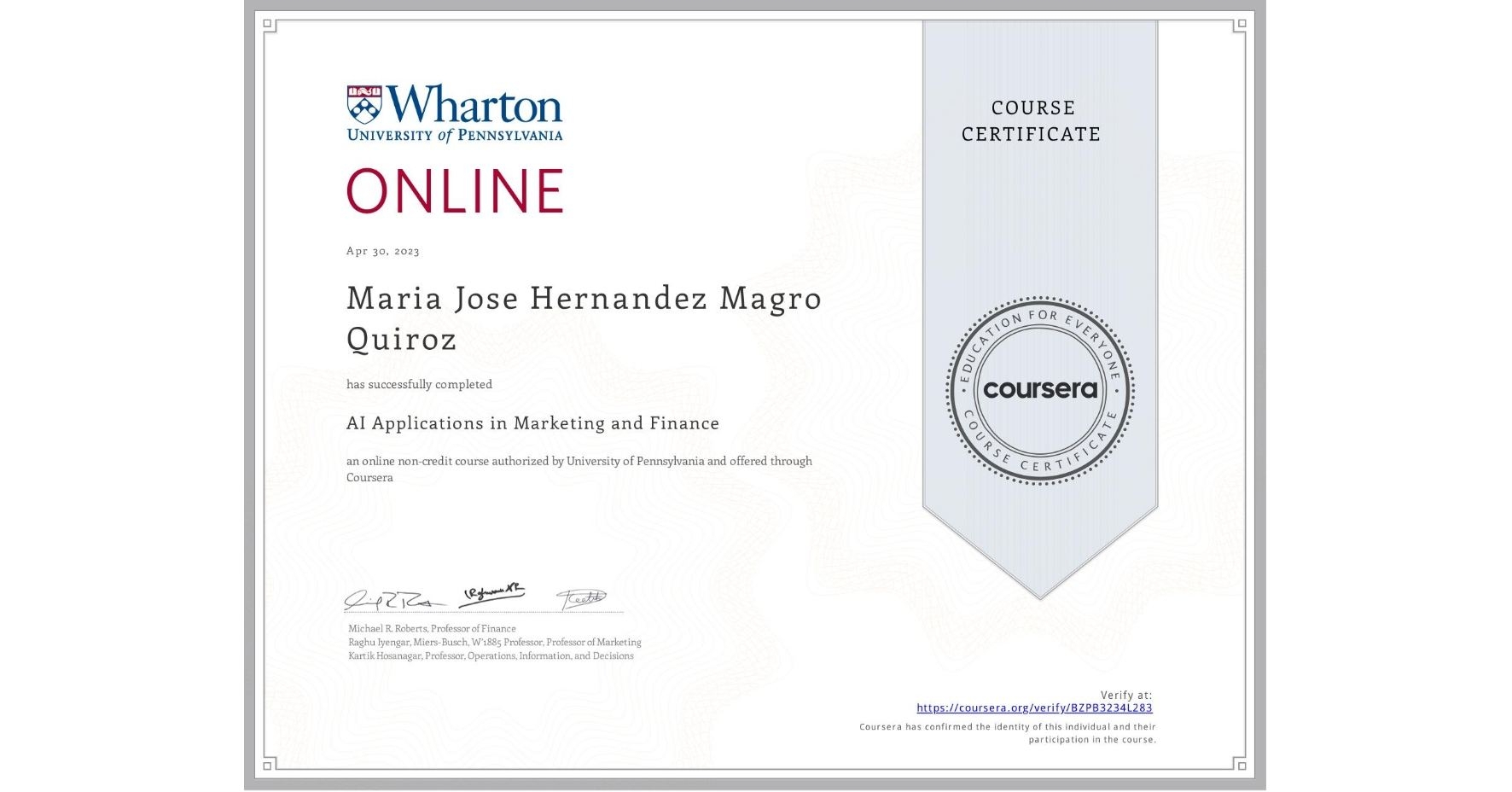 Completion Certificate for AI Applications in Marketing and Finance