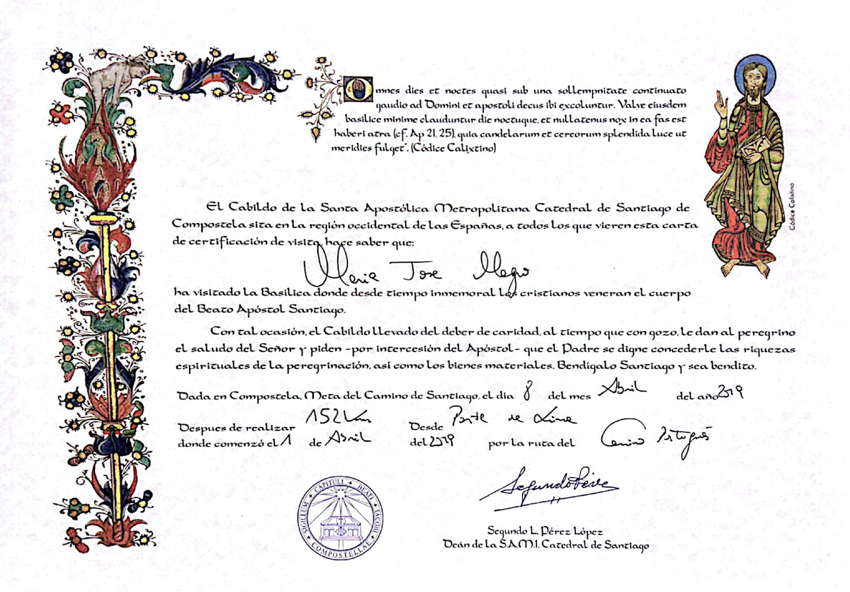 Santiago Ways Pilgrimage Certificate of Completion
