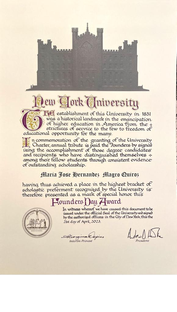 Cum Laude Honors Certificate by NYU.